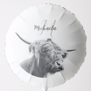 Highland cow portrait initial monogram black white balloon