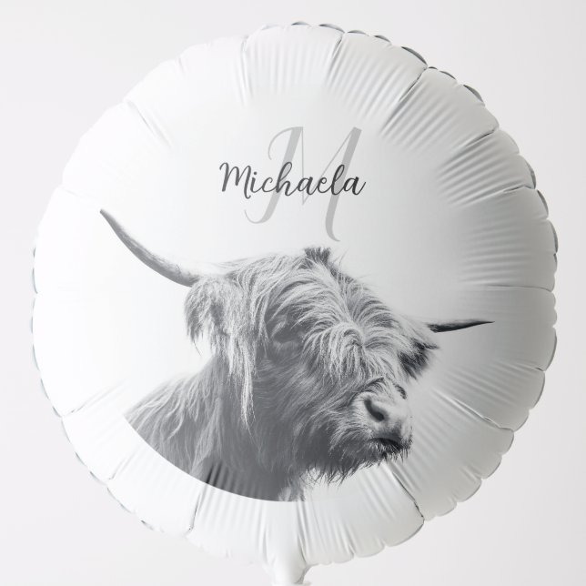 Highland cow portrait initial monogram black white balloon (Front)