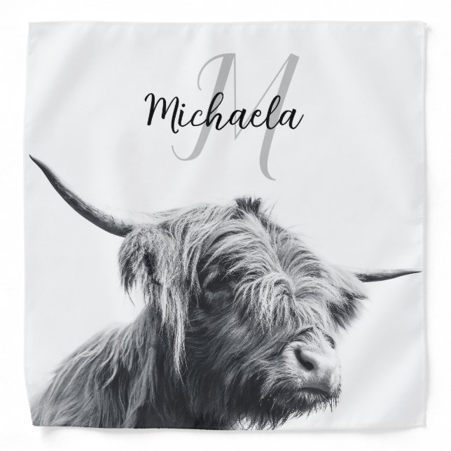 Highland cow portrait initial monogram black white bandana (Front)