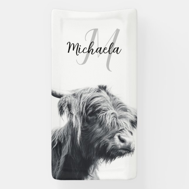 Highland cow portrait initial monogram black white banner (Vertical)