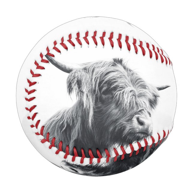 Highland cow portrait initial monogram black white baseball (Front Left)