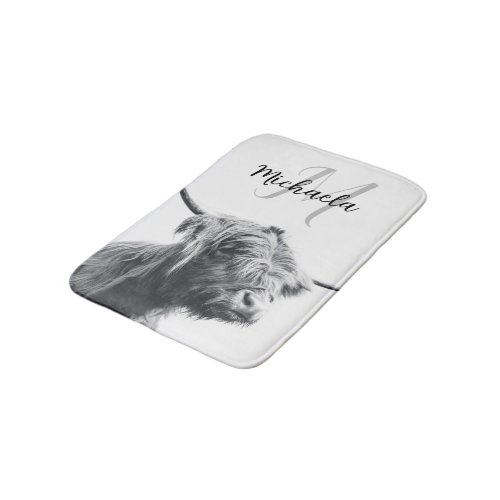 Highland cow portrait initial monogram black white bath mat