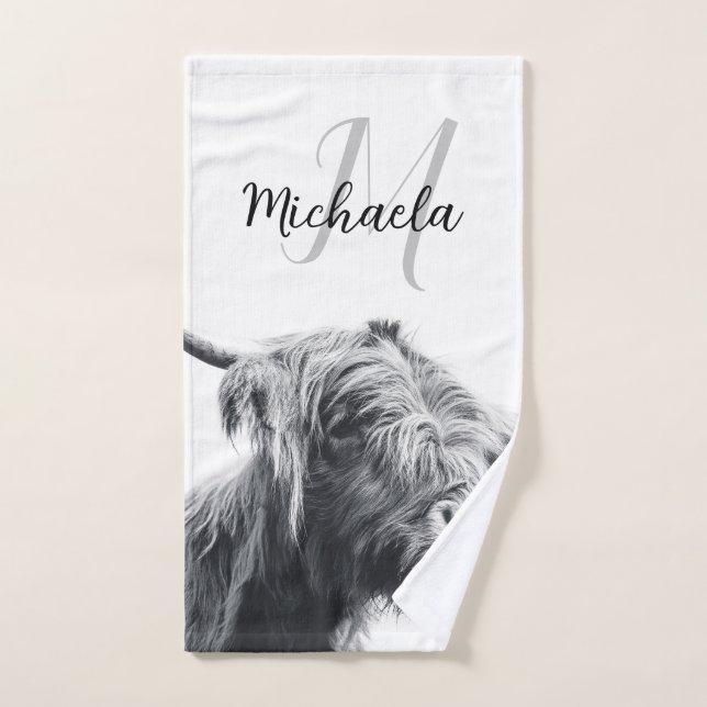 Highland cow portrait initial monogram black white bath towel set (Hand Towel)