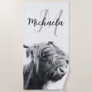 Highland cow portrait initial monogram black white beach towel