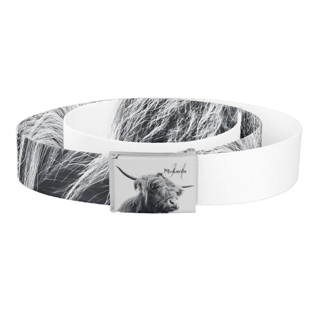Highland cow portrait initial monogram black white belt (Coil)
