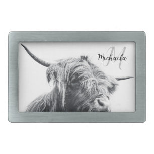 Highland cow portrait initial monogram black white belt buckle