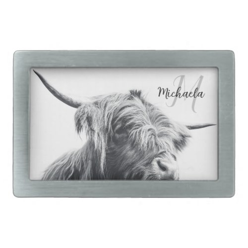 Highland cow portrait initial monogram black white belt buckle