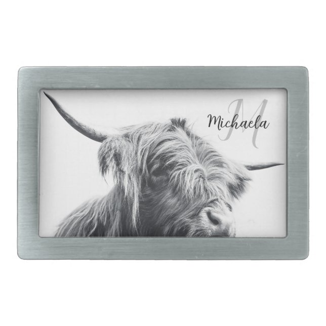 Highland cow portrait initial monogram black white belt buckle (Front)