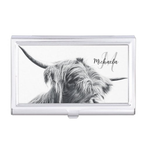 Highland cow portrait initial monogram black white business card case