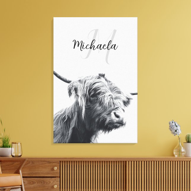 Highland cow portrait initial monogram black white canvas print (Insitu(LivingRoom))