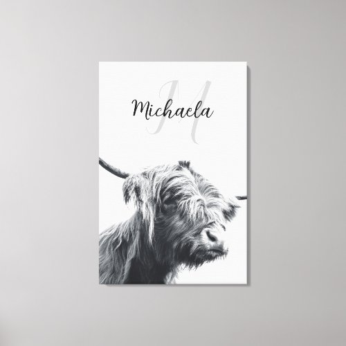 Highland cow portrait initial monogram black white canvas print