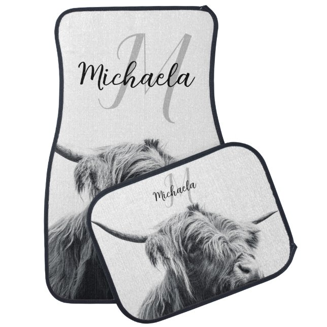 Highland cow portrait initial monogram black white car floor mat (Set)