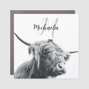 Highland cow portrait initial monogram black white car magnet
