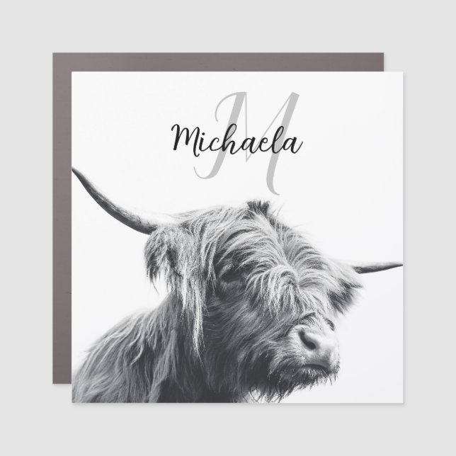 Highland cow portrait initial monogram black white car magnet (Front)