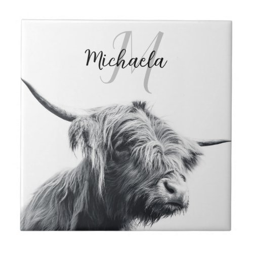 Highland cow portrait initial monogram black white ceramic tile