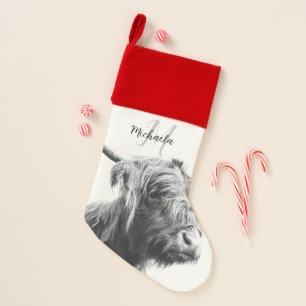 Highland cow portrait initial monogram black white christmas stocking