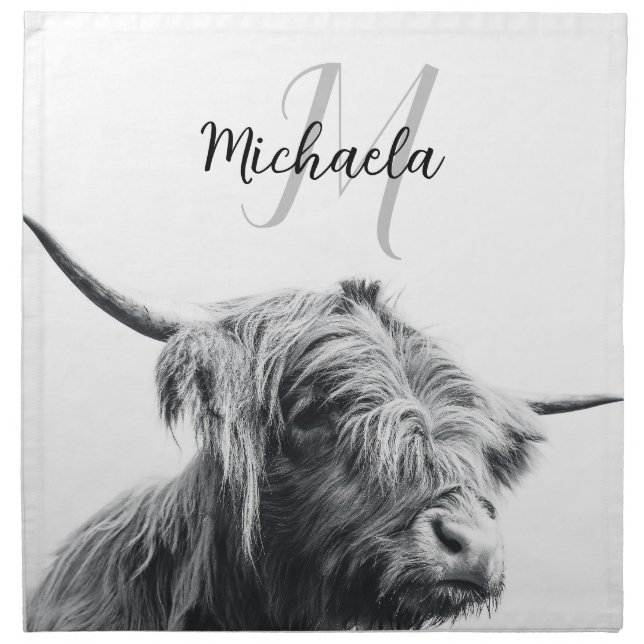 Highland cow portrait initial monogram black white cloth napkin (Front)