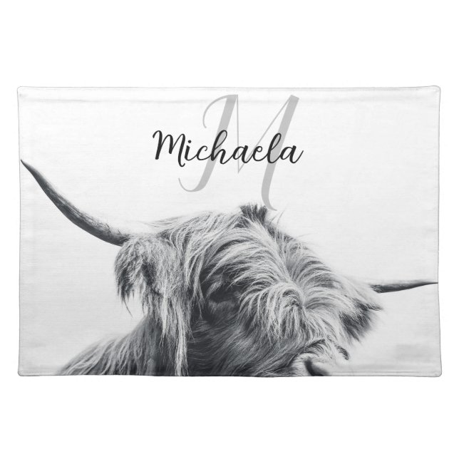 Highland cow portrait initial monogram black white cloth placemat (Front)