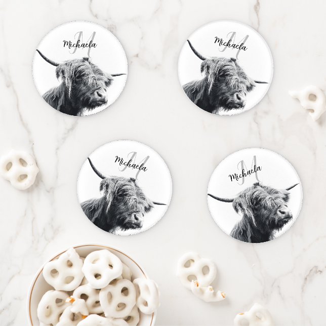 Highland cow portrait initial monogram black white coaster set (In Situ)