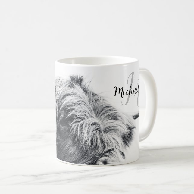 Highland cow portrait initial monogram black white coffee mug (Front Right)