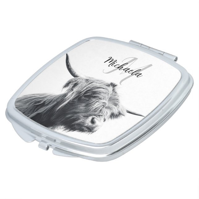 Highland cow portrait initial monogram black white compact mirror (Turned)