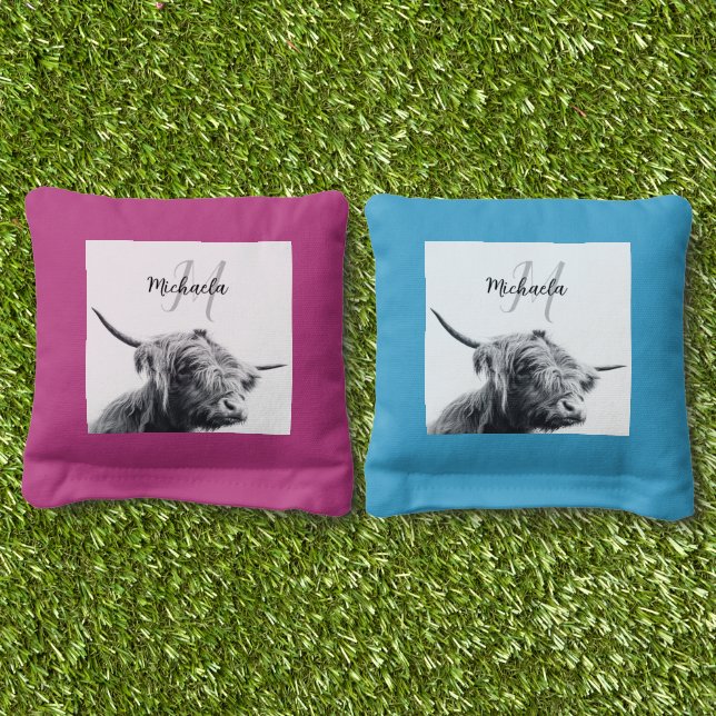 Highland cow portrait initial monogram black white cornhole bags (Grass)