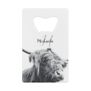 Highland cow portrait initial monogram black white credit card bottle opener