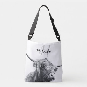 Highland cow portrait initial monogram black white crossbody bag
