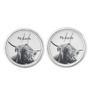 Highland cow portrait initial monogram black white cufflinks