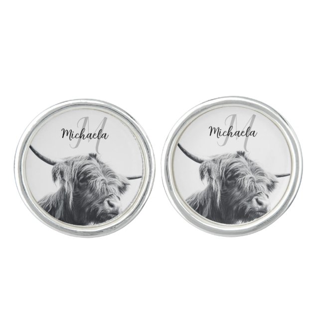 Highland cow portrait initial monogram black white cufflinks (Front)