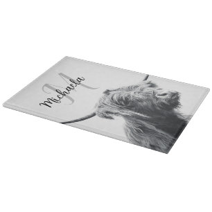 Highland cow portrait initial monogram black white cutting board