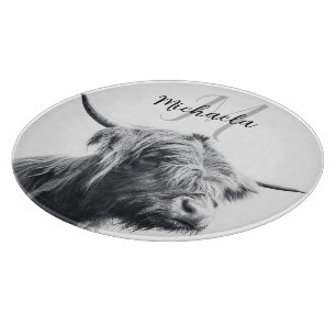 Highland cow portrait initial monogram black white cutting board