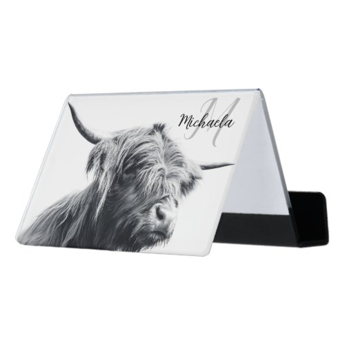 Highland cow portrait initial monogram black white desk business card holder