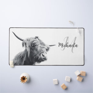 Highland cow portrait initial monogram black white desk mat