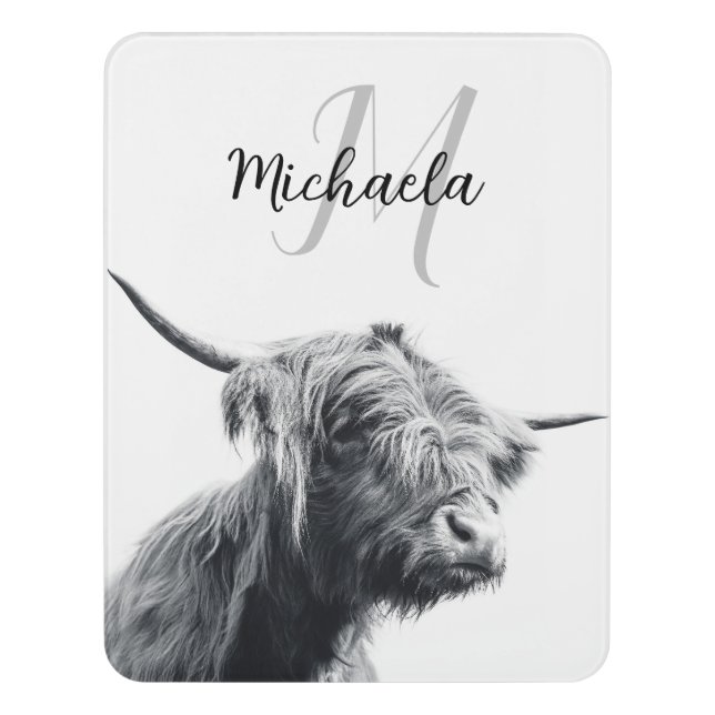 Highland cow portrait initial monogram black white door sign (Contemporary Vert)