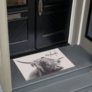 Highland cow portrait initial monogram black white doormat