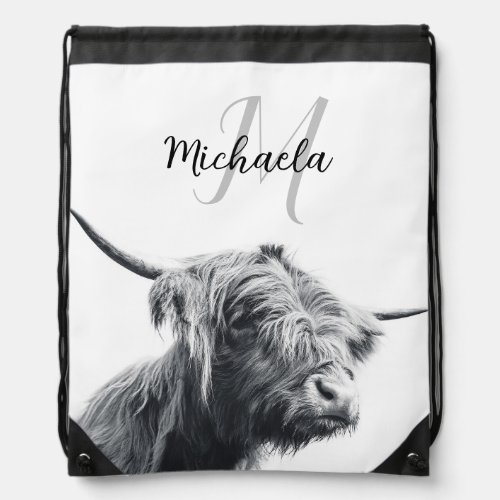 Highland cow portrait initial monogram black white drawstring bag