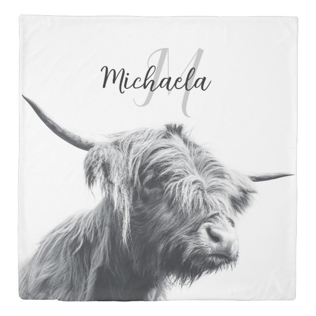 Highland cow portrait initial monogram black white duvet cover (Front)