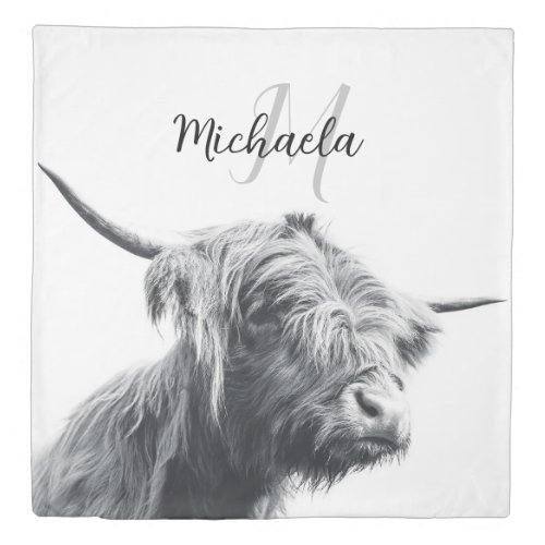 Highland cow portrait initial monogram black white duvet cover