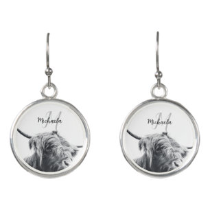 Highland cow portrait initial monogram black white earrings