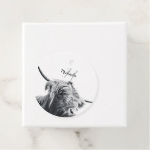 Highland cow portrait initial monogram black white favor tags
