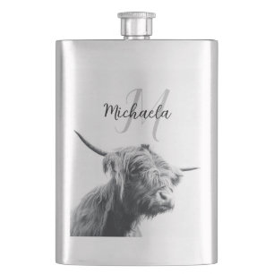 Highland cow portrait initial monogram black white flask