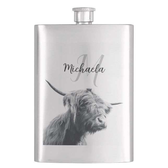 Highland cow portrait initial monogram black white flask (Front)