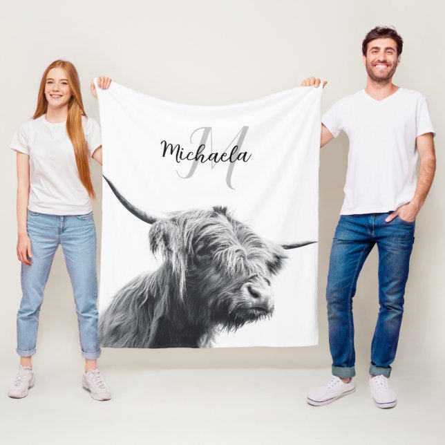 Highland cow portrait initial monogram black white fleece blanket (In Situ)