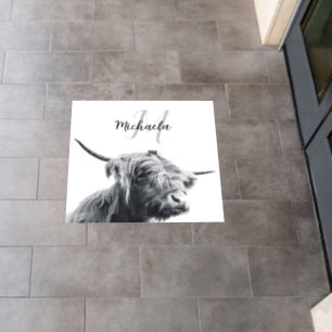Highland cow portrait initial monogram black white floor decals
