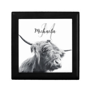 Highland cow portrait initial monogram black white gift box