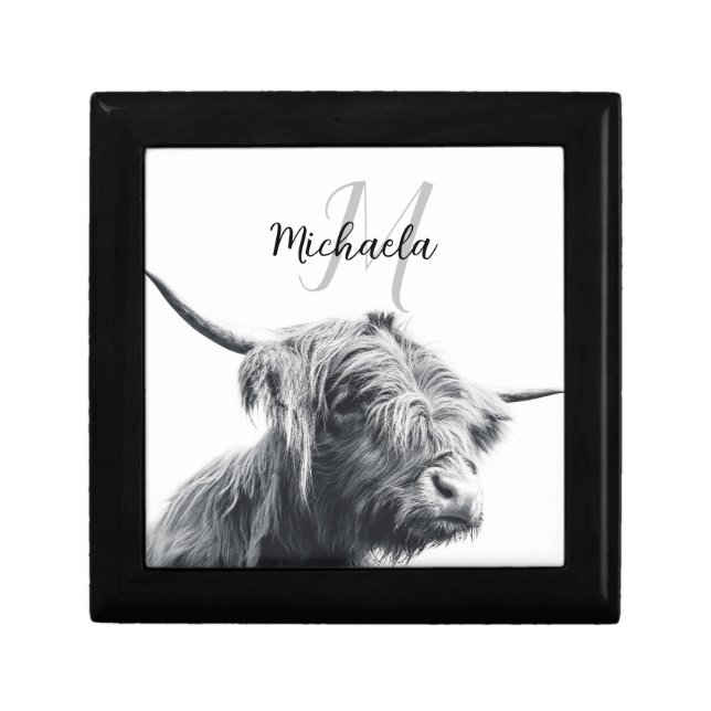 Highland cow portrait initial monogram black white gift box (Front)