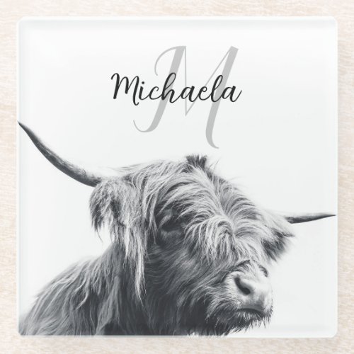 Highland cow portrait initial monogram black white glass coaster