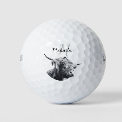 Highland cow portrait initial monogram black white golf balls