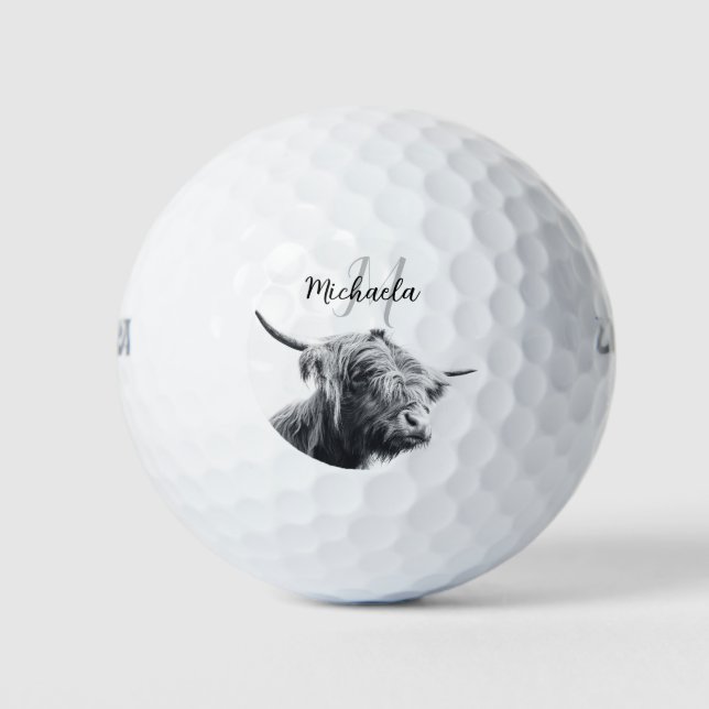 Highland cow portrait initial monogram black white golf balls (Front)